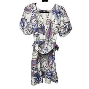 LOFT Paisley Linen Blend Belted Puff Sleeve Dress Women's 4 A-Line Mini NWT